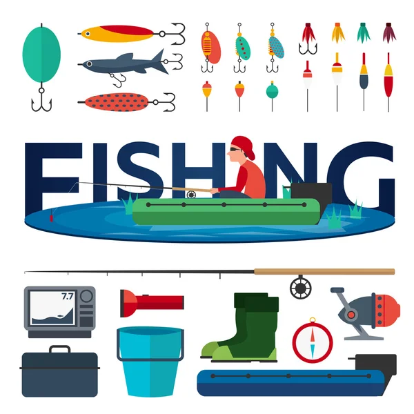 Conceito de pesca. Pesca no barco, estilo plano. Conjunto de pesca . —  Vetores de Stock