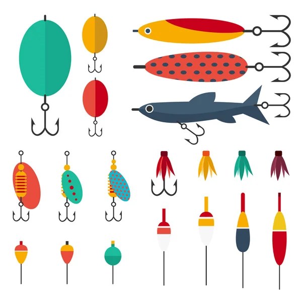 Conjunto de accesorios de pesca para la pesca de spinning con señuelos y retorcidos de cebo y flotador de pesca de cebo plástico blando — Archivo Imágenes Vectoriales