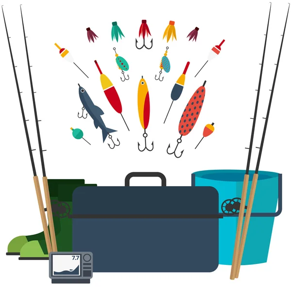Рыбалка. Коллекция икон для рыбалки. Рыболовная плоская иллюстрация — стоковый вектор