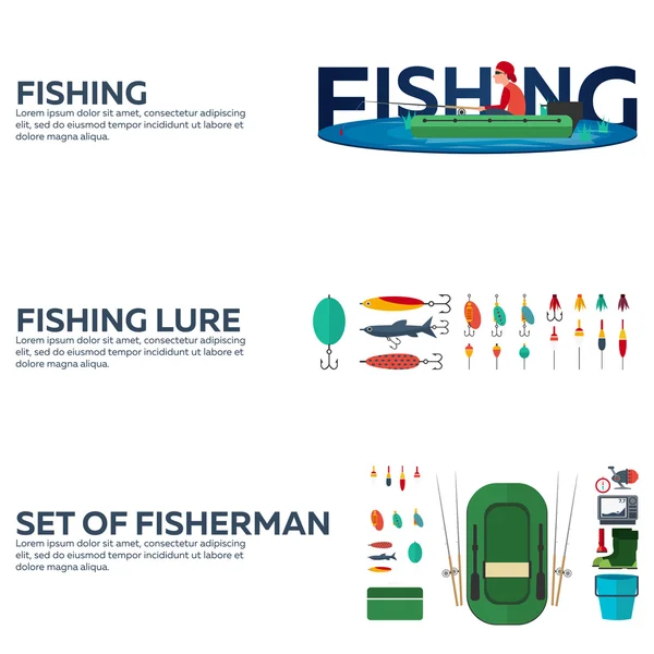 Concept de pêche. Set de pêche bannières, style plat. Illustration de pêche . — Image vectorielle