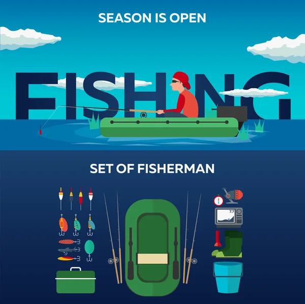 Concept de pêche. Set de pêche bannières, style plat. Illustration de pêche . — Image vectorielle