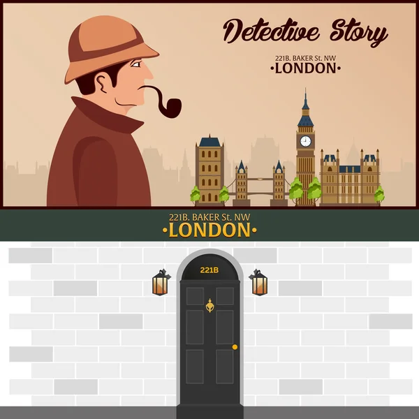 셜록의 홈즈 형사 그림입니다. 셜록 홈즈와 그림입니다. 베이커 스트리트 221b입니다. 런던입니다. 큰 반 — 스톡 벡터