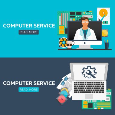 Bilgisayar Servisi düz illüstrasyon kavramlar ayarlayın. Düz tasarım kavramları için web afiş, web siteleri, basılı materyalleri, infographics. Yaratıcı vektör çizim.