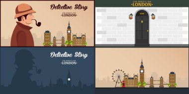 Sherlock Holmes ayarlayın. Dedektif illüstrasyon. Resimde Sherlock Holmes ile. 221b Baker Sokağı. Londra. Büyük yasağı