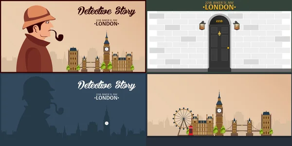 Sherlock Holmes instellen. Detective illustratie. Illustratie met Sherlock Holmes. Baker street 221b. Londen. Grote verbod — Stockvector