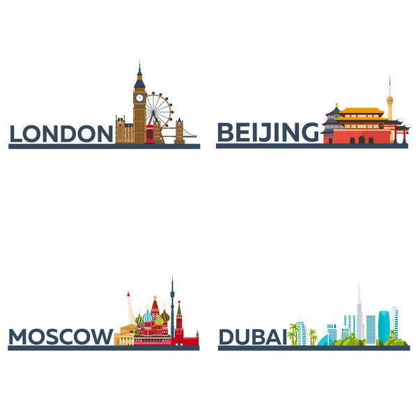 London, Beijing, Moscow, Dubai. Set Tourism. Travelling illustration city. Modern flat design. England, China, Russia, UAE — Stock Vector