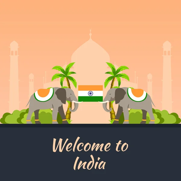 印度。欢迎来到印度。旅游。旅游图印度。现代平面设计。印度大象。泰姬陵 — 图库矢量图片