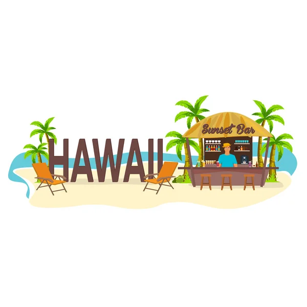 Beach Bar. Havaí. Viajar. Palma, bebida, verão, espreguiçadeira, tropical . —  Vetores de Stock