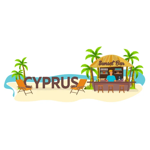 Beach Bar. Kıbrıs. Seyahat. Palm, içki, yaz, şezlong, tropikal. — Stok Vektör