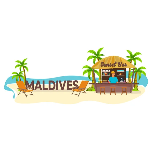 Bar sulla spiaggia. Maldive. Viaggia. Palma, drink, estate, sdraio, tropicale . — Vettoriale Stock