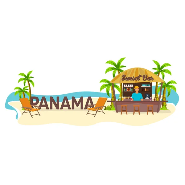 Бар на пляже. Панама. Путешествие. Пальма, напиток, лето, кресла, фекалии . — стоковый вектор