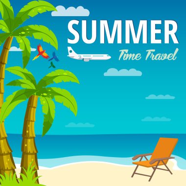 Yaz plaj deniz kıyısında zamanında. Zaman yolculuğu. Salon başkanı. Vektör çizim.