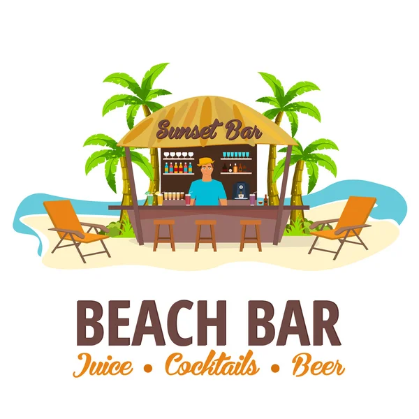 Verano. Beach Bar. Viajar. Zumo, cócteles, cerveza. Sillón. Ilustración vectorial . — Vector de stock