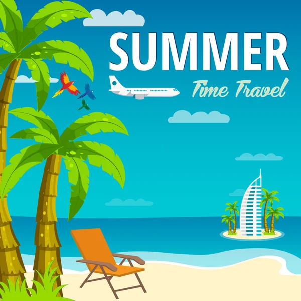Summer Time in Beach Sea Shore. Time travel. Lounge chair. Dubai. Vector Illustration. — Stock Vector