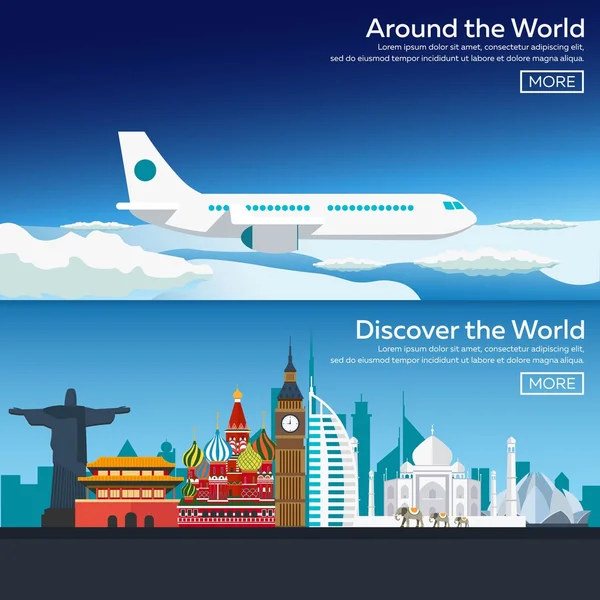 Плоскі векторні веб-банери на тему подорожей літаком, відпусток, пригод. Політ у стратосфері. Навколо світу — стоковий вектор