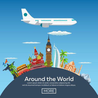 Düz vektör web afiş Tema tarafından uçak, tatil, seyahat, macera. Bütün dünyada