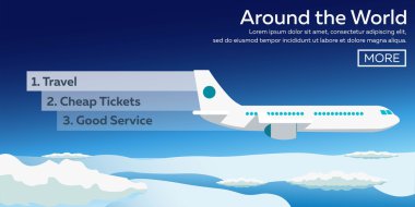 Düz vektör web afiş Tema tarafından uçak, tatil, seyahat, macera. Seyahat, ucuz bilet, iyi hizmet. Bütün dünyada