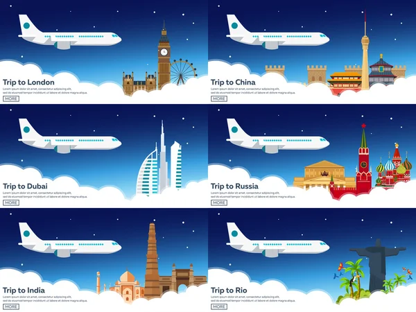 De wereld rond. Toerisme. Travelling afbeelding instellen Moderne platte ontwerp. Reizen per vliegtuig, avontuur, vakantie en reis. — Stockvector