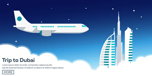 Viaggio a Dubai, Emirati Arabi Uniti. Turismo. Illustrazione di viaggio. Moderno design piatto. Viaggio in aereo, vacanza, avventura, viaggio . — Vettoriale Stock