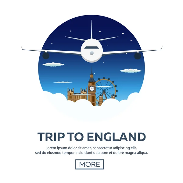 Resa till England. Resande illustration. Modern platt design. Resa med flygplan, semester, äventyr och resa. Att resa — Stock vektor