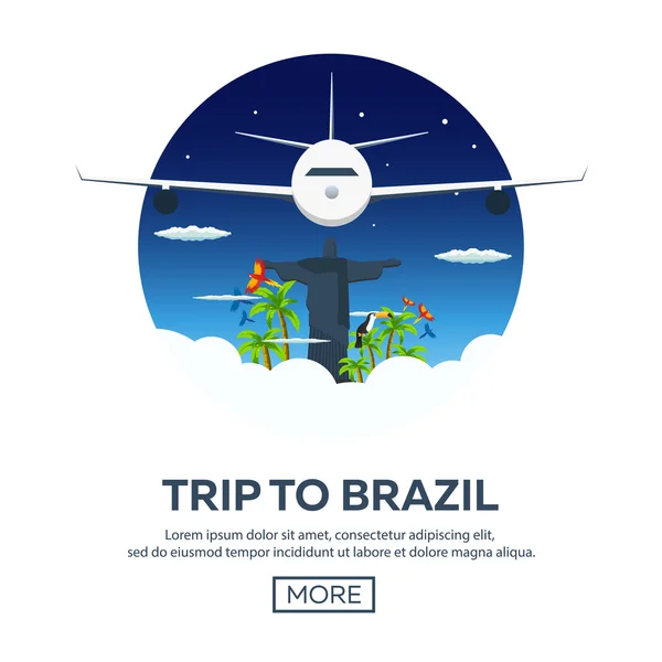 Ταξίδι στη Βραζιλία. Ταξιδεύοντας εικονογράφηση. Μοντέρνα επίπεδη σχεδίαση. Να ταξιδέψετε με αεροπλάνο, περιπέτεια, διακοπές, ταξίδι. Χρόνο να ταξιδέψει — Διανυσματικό Αρχείο