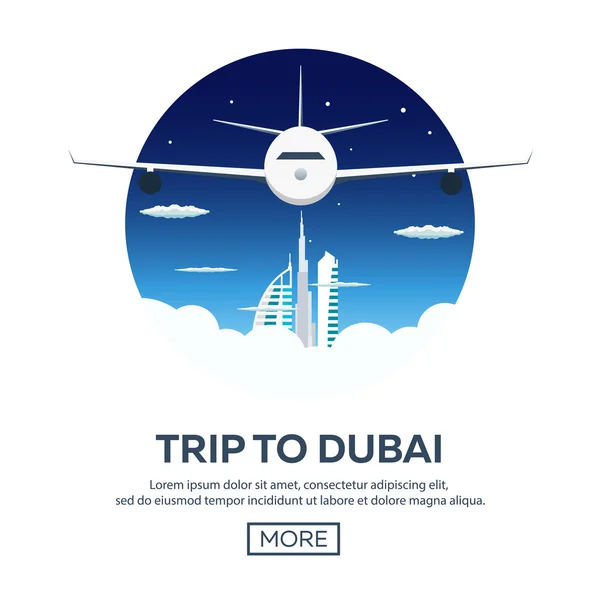 Reis naar Dubai. Reizende illustratie. Moderne platte ontwerp. Reizen per vliegtuig, avontuur, vakantie en reis. Tijd om te reizen — Stockvector