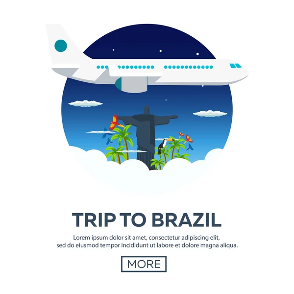 Ταξίδι στη Βραζιλία. Ταξιδεύοντας εικονογράφηση. Μοντέρνα επίπεδη σχεδίαση. Να ταξιδέψετε με αεροπλάνο, περιπέτεια, διακοπές, ταξίδι. Χρόνο να ταξιδέψει — Διανυσματικό Αρχείο