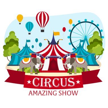 Sirk çadırları ile bayrak. Harika gösteri. Düz illüstrasyon