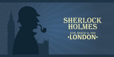 Sherlock Holmes poster. Dedektif illüstrasyon. Resimde Sherlock Holmes ile. 221b Baker Sokağı. Londra. Büyük yasağı