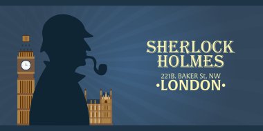 Sherlock Holmes poster. Dedektif illüstrasyon. Resimde Sherlock Holmes ile. 221b Baker Sokağı. Londra. Büyük yasağı