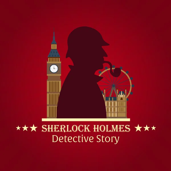 Sherlock Holmes poster. Detective illustration. Illustration with Sherlock Holmes. Baker street 221B. London. Big Ban — Stock Vector