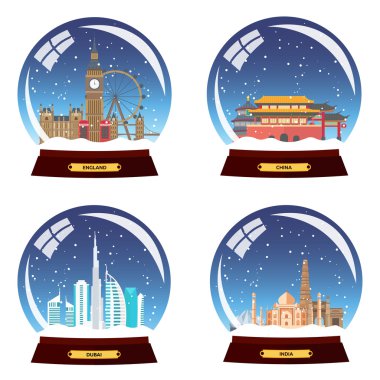 Kar küre şehir ayarlayın. İngiltere, Çin, Dubai ve Hindistan'da kar küresi. Kış seyahat vektör çizim