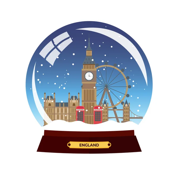 La città della palla di neve. Londra nello Snow Globe. Illustrazione vettoriale viaggio invernale — Vettoriale Stock