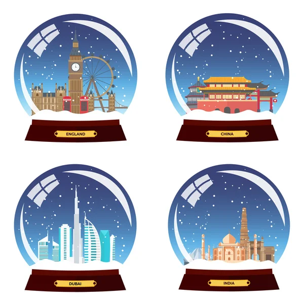 Ustawić Snow globe miasta. Anglia, Chiny, Dubaju i Indii w świecie śniegu. Ilustracja wektorowa podróży zima — Wektor stockowy