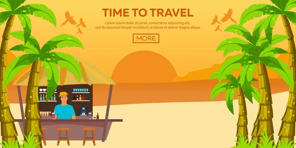 Reizen illustratie. Platte vector. Tijd om te reizen. Zonsondergang. Vliegtuig. Strandbar. Zee — Stockvector