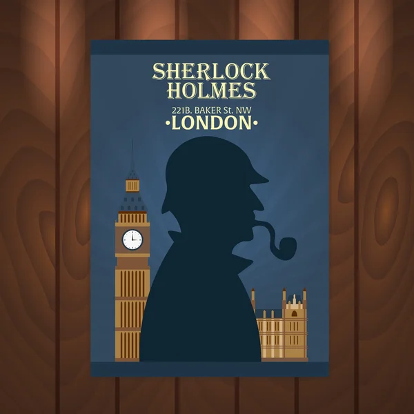 Sherlock Holmes poster. Baker street 221B. London. Big Ban — Stock Vector