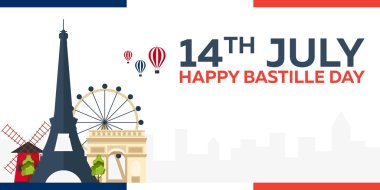 Bastille günü. 14 Temmuz. Paris. Turizm. Eyfel Kulesi. Fransa. Modern düz tasarım.