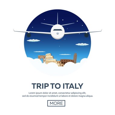 İtalya gezisi. İllüstrasyon seyahat. Modern düz tasarım. Uçak, tatil, Macera, gezi seyahat. Seyahat için zaman
