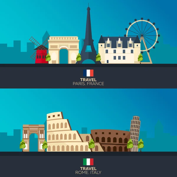 Rome and Paris. Tourism. Travelling illustration Rome and Paris city. Modern flat design. Italy travel. France — Stock Vector