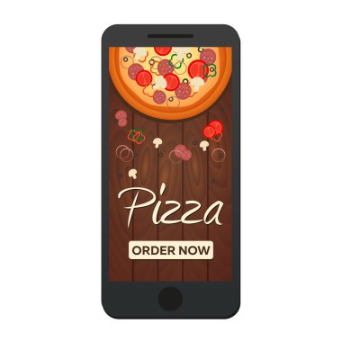 Pizza teslimat vektör arka plan. Pizza restoran veya kafe için banner. Pizza sipariş online.