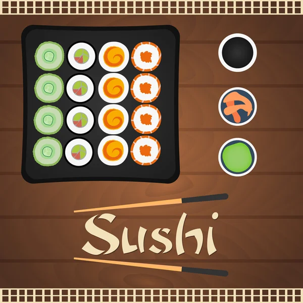 Banner. Sushi rolls set, sushi time. Chopsticks holding sushi roll, sushi restaurant, flat style trend modern. Sushi day — Stock Vector