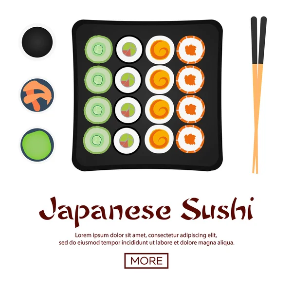 Banner. Sushi rolls set, sushi time. Chopsticks holding sushi roll, sushi restaurant, flat style trend modern. Sushi day — Stock Vector