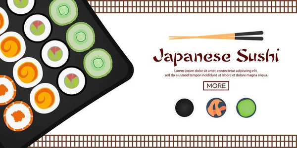 Banner. Sushi rolls set, sushi time. Chopsticks holding sushi roll, sushi restaurant, flat style trend modern. Sushi day — Stock Vector