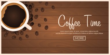 Kahve afiş. Kahve zamanı. Kupası, tahıl, vektör düz çizim.