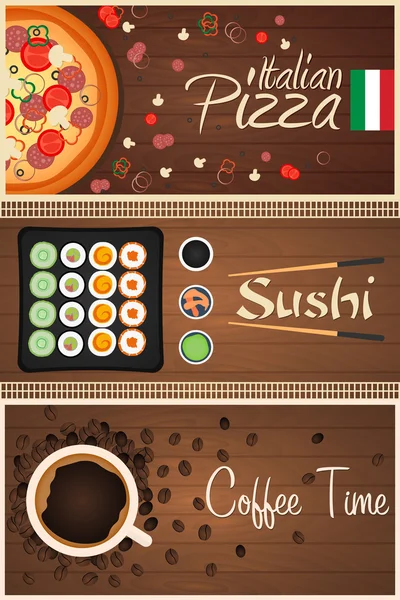 Set Banners. Pizza, Sushi en koffie. — Stockvector