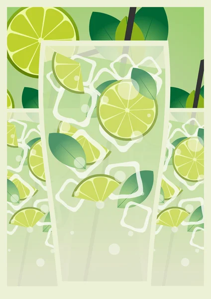 Mojito Poster. Fresh mojito with lime and green mint leaves in stylized glass. — Stock Vector