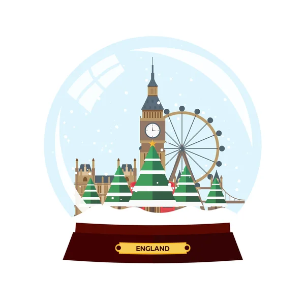 Mutlu Noeller ve mutlu yeni yıl. Kar küresi. Kış Londra. Vektör düz çizim — Stok Vektör