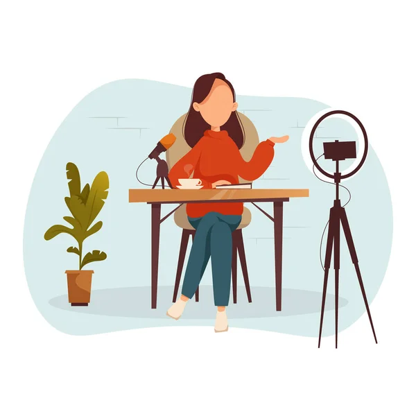 Podcast, vlogger vagy blogger hozzon létre internetes tartalmat. Vektor lapos illusztráció. Karakter létrehozása videó blog vagy vlog felülvizsgálat. — Stock Vector