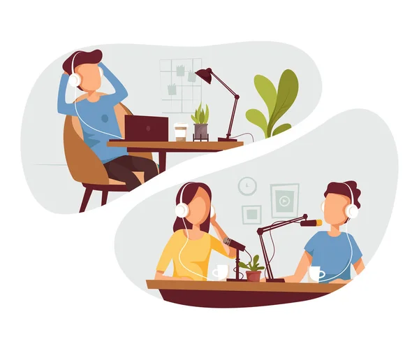 Podcasters pratar med mikrofoner som spelar in podcast i studiopoddsändningar. Man lyssnar online podcast i hörlurar. Vektor platt illustration. — Stock vektor