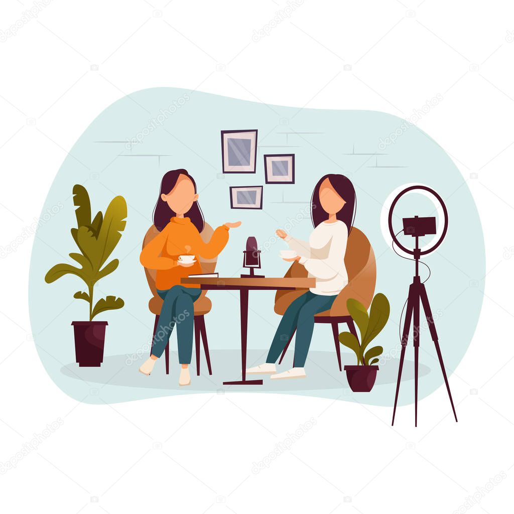 Girls podcasters talking to microphones recording podcast in studio podcasting. Vector flat illustration.